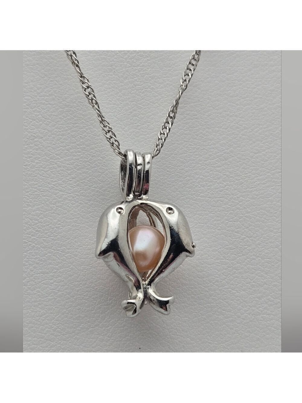 Pearl Kissing Dolphins Cage Pendant w/Pink Genuine Necklace Silver Tone Twist